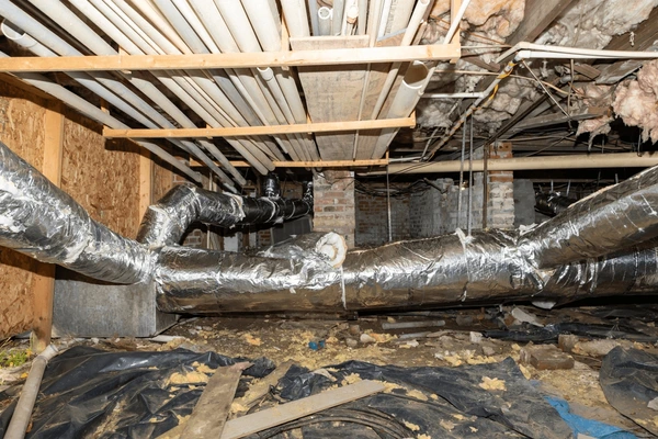 Dirty crawlspace with damaged and compromised structure.